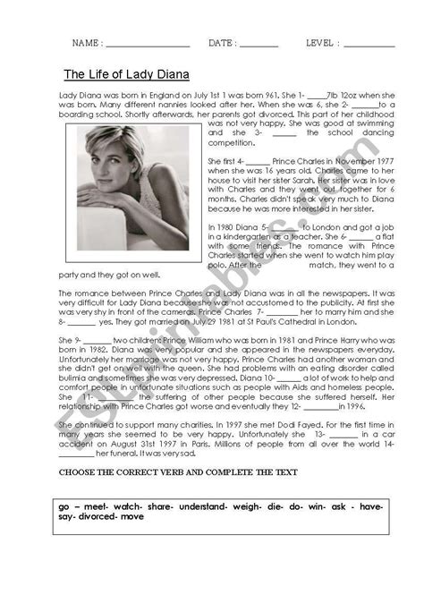 Lady Diana Esl Worksheet By Viviinenglish