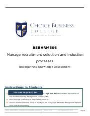 BSBHRM 3 DOC BSBHRM506 Manage Recruitment Selection And Induction