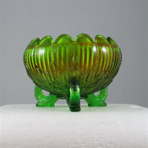 Antique Northwood Green Leaf And Beads Carnival Glass Rose Bowl Carnival Glass