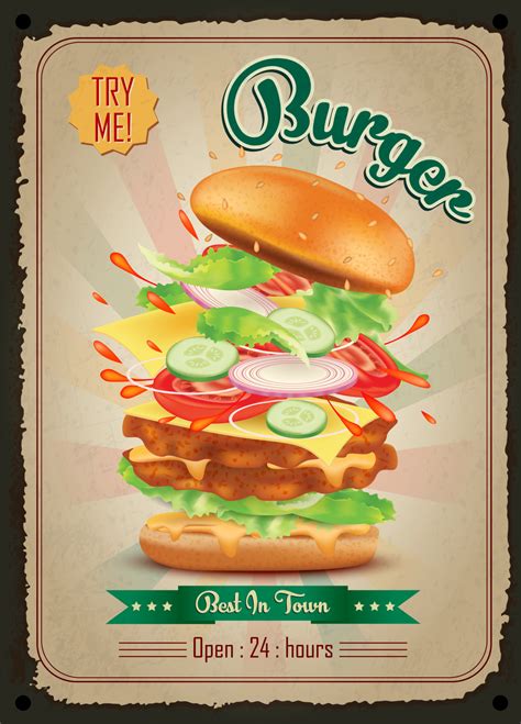 Burgers Vintage Restaurant Sign Fast Food Vintage Poster Retro Design With Big Hamburger On