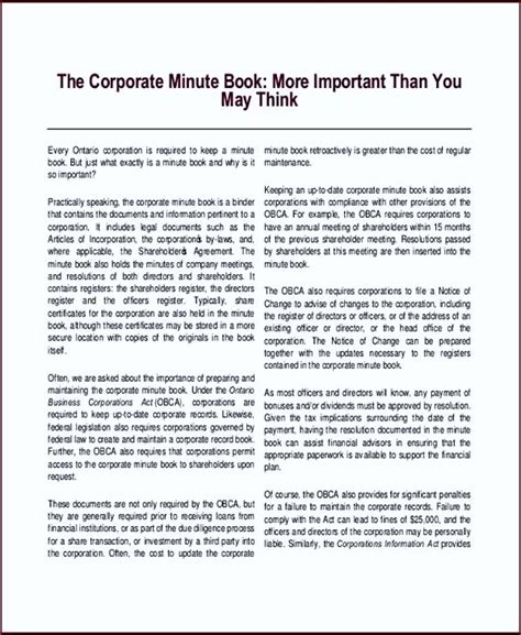 Corporate Minute Book Template - Sample Templates - Sample Templates