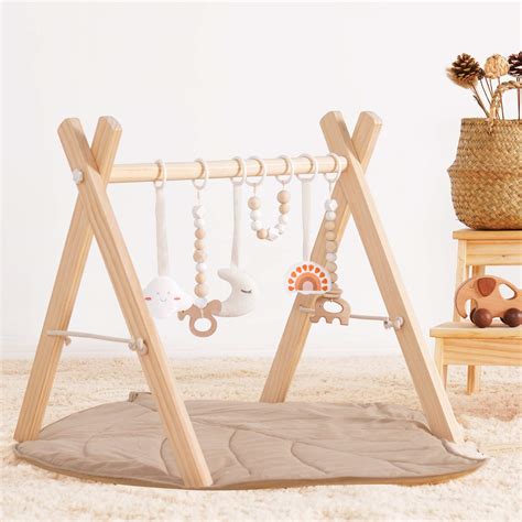 little dove Wooden Baby Gym with 6 Gym Toys Foldable Play Gym Frame