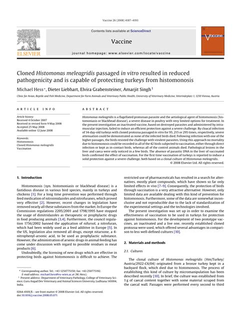 Pdf Cloned Histomonas Meleagridis Passaged In Vitro Resulted In