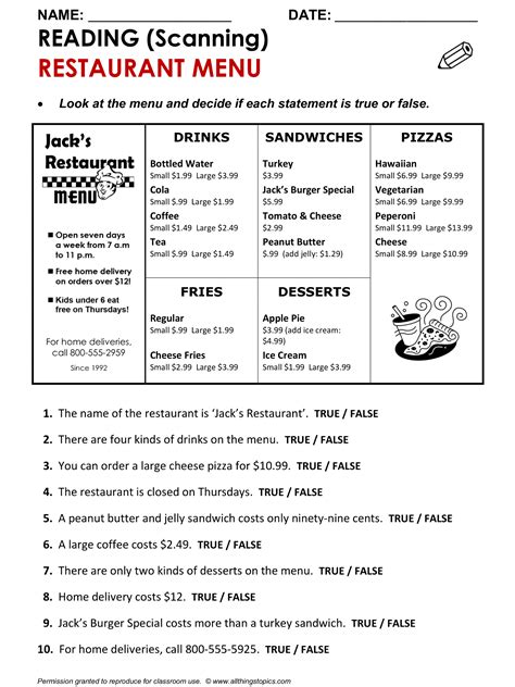 Reading Scanning Practice Restaurant Menu