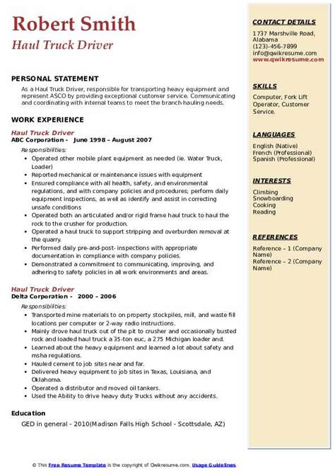 Haul Truck Driver Resume Samples | QwikResume