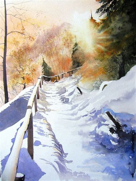 A Watercolor Painting Of A Snow Covered Path