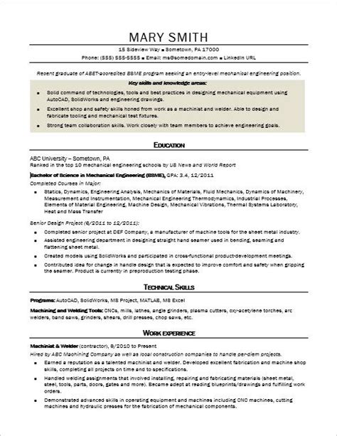 Mechanical Engineer Resume Entry Level Mechanical Engineer Resume