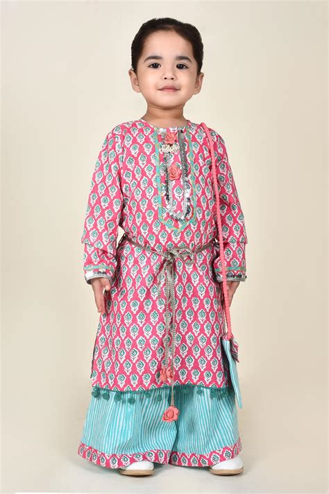 Buy Pink Cotton Printed Floral Kurta And Pant Set For Girls By Banana