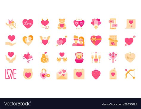 Valentine Day Flat Icon Set Love Heart Card Vector Image