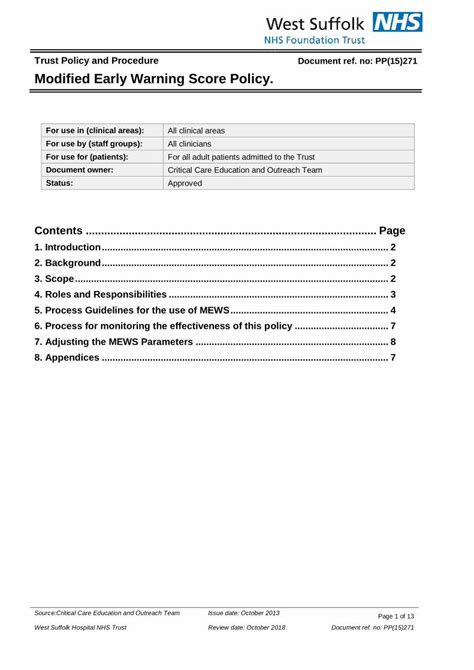 Pdf Modified Early Warning System Mews Wsh Nhs Uk