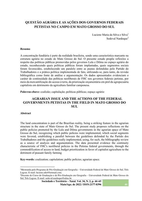 Pdf QuestÃo AgrÁria E As AÇÕes Dos Governos Petistas No Campo Em Mato