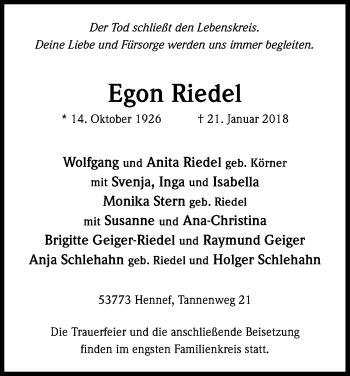 Traueranzeigen Von Egon Riedel Wirtrauern