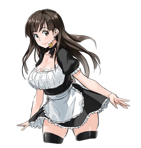 Safebooru 1girl Apron Black Legwear Breasts Brown Eyes Brown Hair Cleavage Cropped Legs