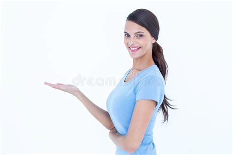 Woman Smiling Presenting Something With Her Hand Stock Image Image Of Smiling Brunette