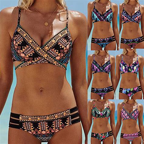 Women Bohemia Push Up Padded Bra Beach Bikini Set Swimsuit Swimwear Qavaa