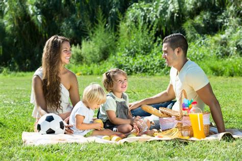 Famille De Quatre Sur Le Pique Nique Image Stock Image Du Pr