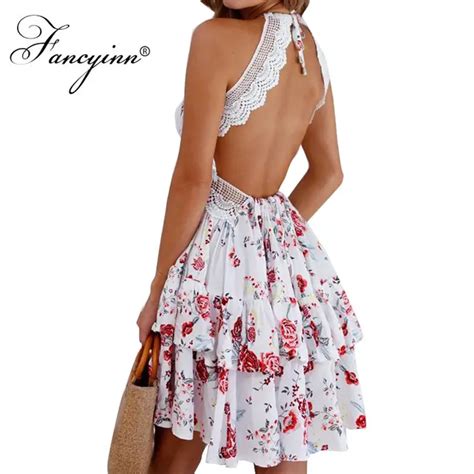 Fancyinn Women Sexy V Neck Strap Hollow Lace Floral Dress Backless Boho