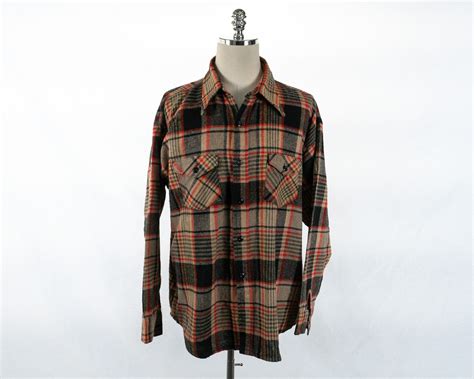 Vintage Frostproof Tan Brown Black Red Yellow Plaid Flannel Button Up