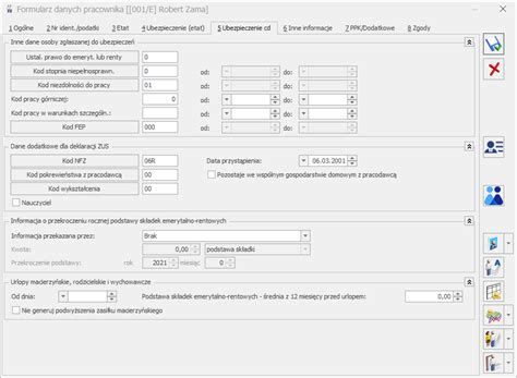 Formularz danych pracownika zakładka Ubezpieczenie cd Baza Wiedzy