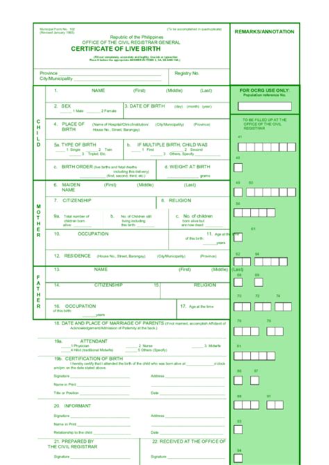 Republic Of The Philippines Certificate Of Live Birth Printable Pdf Download