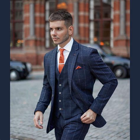 Mens Peaky Blinders Tweed Check Herringbone Wool Navy Blue 3 Piece Suit Bespoke Premium Formal