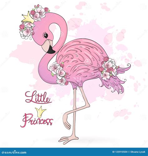 Nette Kleine Prinzessin Flamingo Mit Blumen Vektorabbildung EPS10