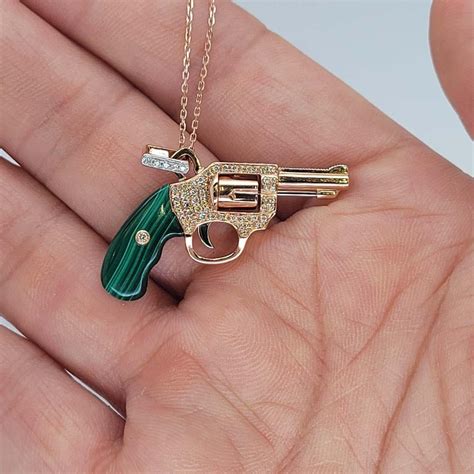 Diamond Gun Revolver Malachite Gem Karat Rose Gold Necklace Pendant