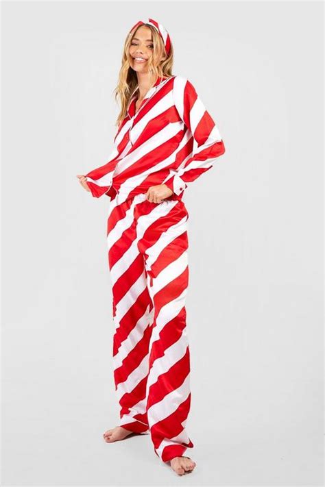 Christmas Candy Cane Stripe Satin Pj And Hair Band Set Boohoo Uk