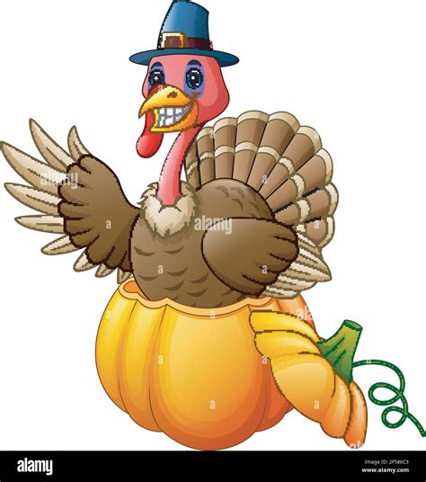 Vector Illustration Of Cartoon Turkey With Pilgrim Hat In The Pumpkin