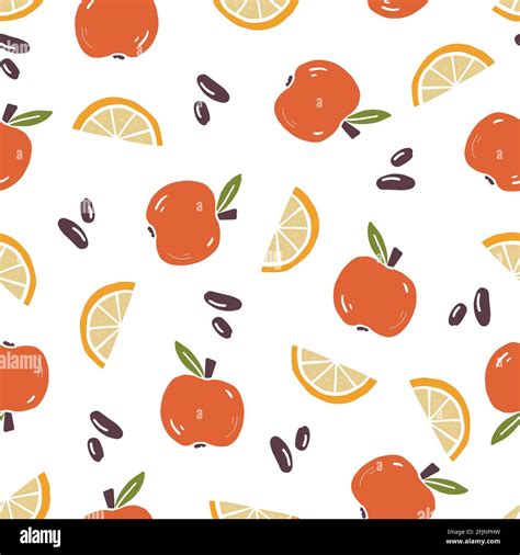 Hand Drawn Seamless Pattern Of Simple Apple Orange Doodle Sketch