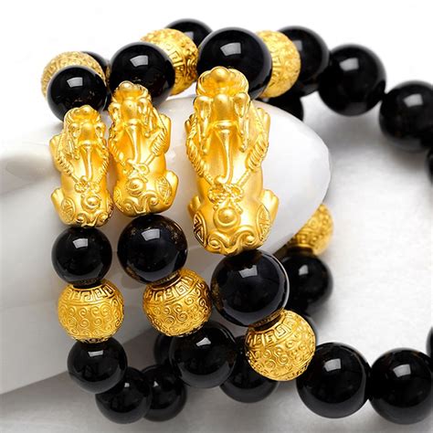 Vietnam Gold Plated 3d Wealth Pixiu Charm Black Obsidian Beads Bracelet