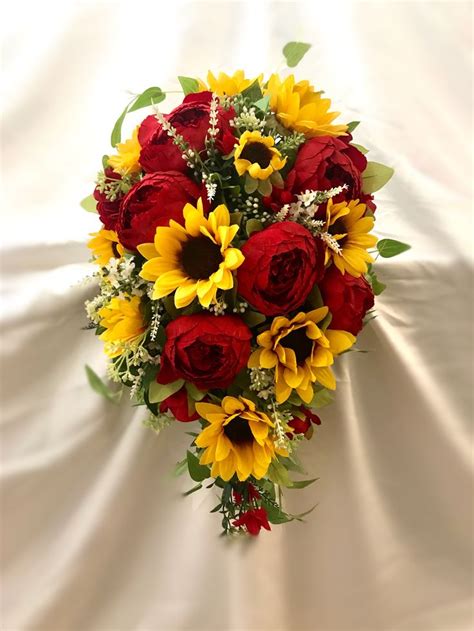 Bridal Sun Flower And Red Roses Cascading Bouquet Wedding Flowers Red