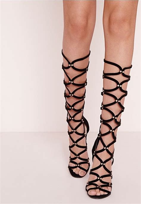 Missguided Gold Trim Knee High Gladiator Heels Black Knee High