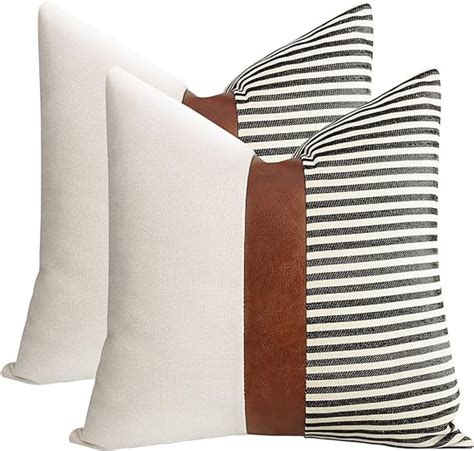 Set Of 2 Farmhouse Decor Stripe Patchwork Linen Throw Pillow Covers