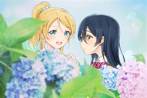 Safebooru 2girls Ayase Eli Bangs Blonde Hair Blue Eyes Blue Hair