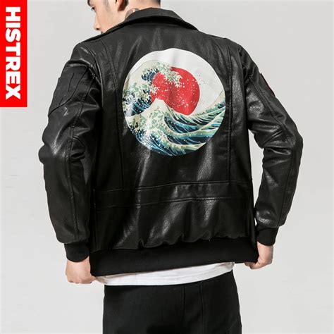 Histrex Embroidery Japanese Crane Motorcycle Leather Jacket Men Chinese