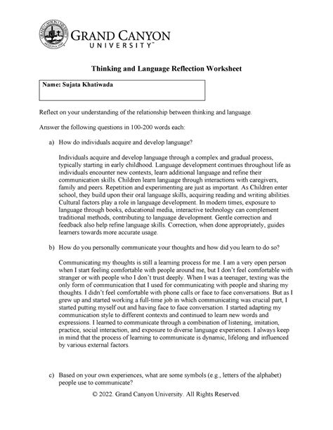 PHI105 T5 Thinkingand Language Reflection Worksheet Final Thinking