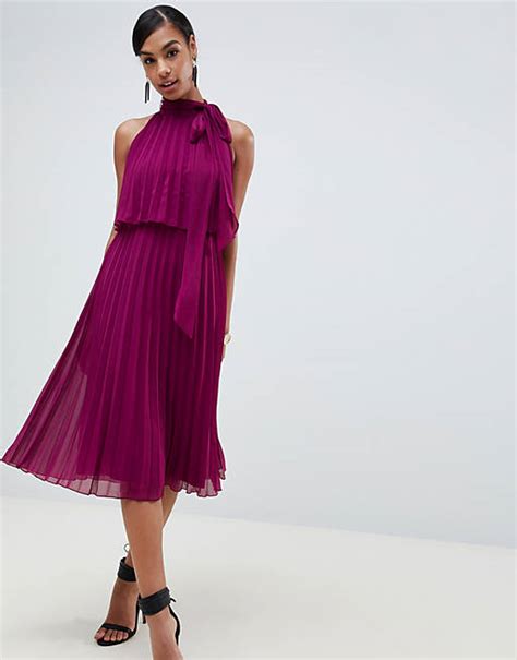 Asos Design Halter Tie Neck Midi Dress In Pleat Asos