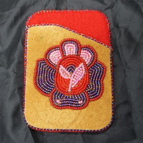 Moose Hide Card Holder Red Purple Pink Flower Beaded Design Arctic Canada Trading