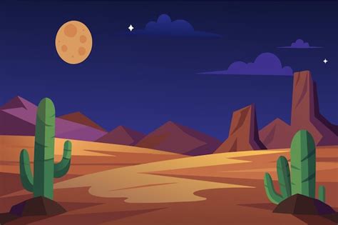 Una Escena Del Desierto Con Un Cactus Y Una Gran Luna En El Cielo