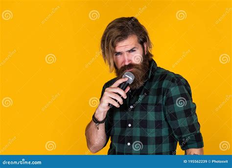 Singing In Karaoke Mature Hipster With Beard Sing Song Brutal Caucasian Guy With Microphone