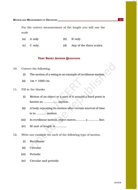 NCERT Exemplar Book For Class 6 Science Chapter 10 Motion And