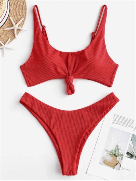 Off Zaful Ribbed Knotted Tank Bikini Swimsuit In Lava Red