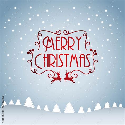 Merry Christmas Card Tree Pine Snow Falling Text Decoration Stock