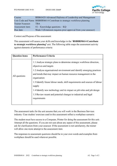 A2 Bsbhrm 614 Contribute To Strategic Workforce Planning RTO PROVIDER