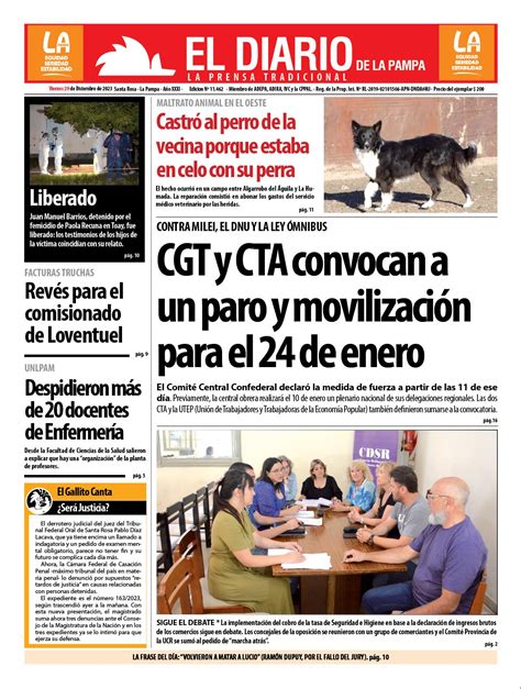 Tapa De El Diario En Papel Viernes 29 De Diciembre De 2023 El Diario