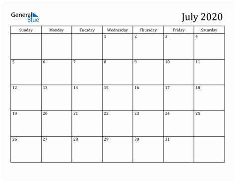 July 2020 Monthly Calendar Pdf Word Excel