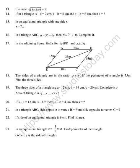 Cbse Class 9 Mental Maths Herons Formula Worksheet