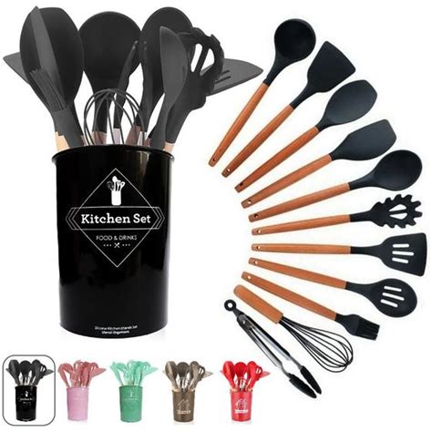 Kit Jogo 12 Peças Utensílios De Silicone Para Cozinha Cabo De