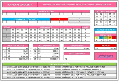 Planilha Lotofácil 20 dezenas 5 jogos de 16 Lotocerta